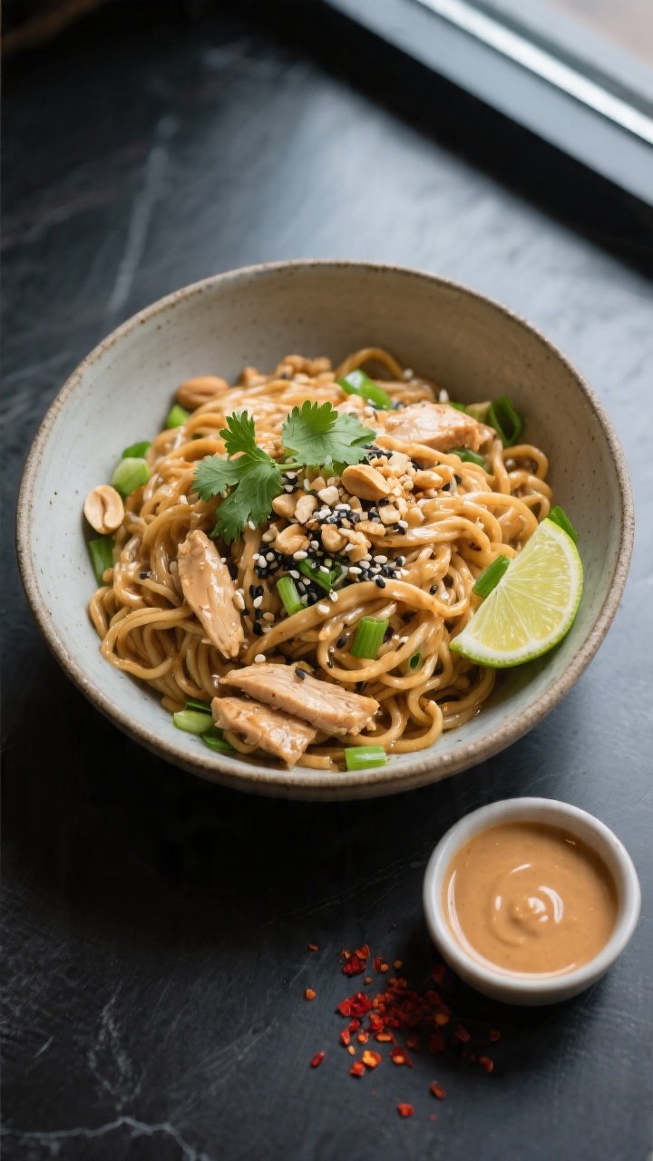 Final plated overhead — restaurant finish: Overhead shot of a deep ceramic bowl filled with Thai P