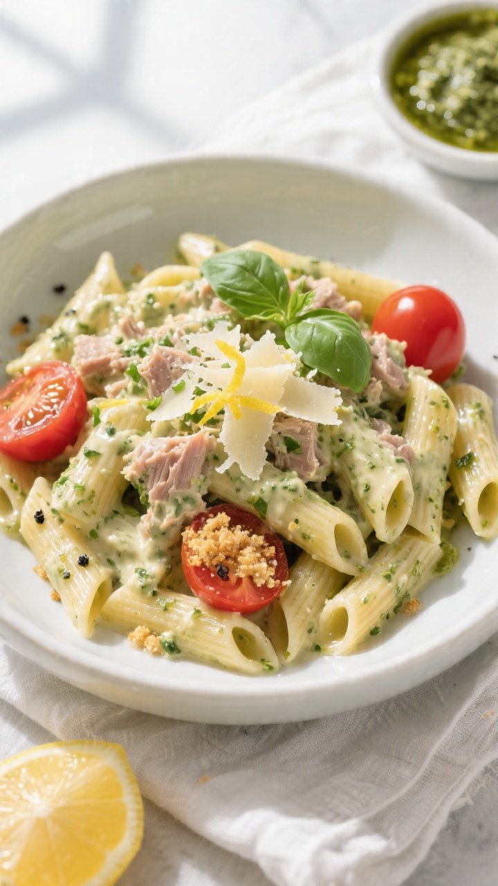 Final plated overhead: Restaurant-quality bowl of Creamy Tuna Pesto Pasta (penne) presented top-down