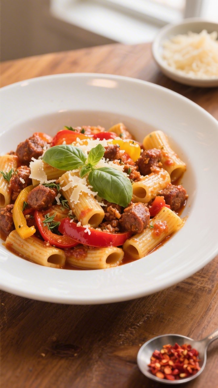 Final plated overhead: Sausage and Peppers Pasta (rigatoni) tossed in a glossy tomato-wine sauce, sa