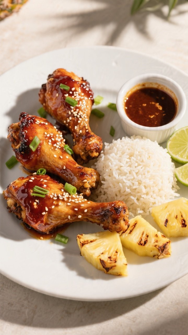 Final plated/overhead shot: Restaurant-quality presentation of baked Huli Huli chicken drumsticks an