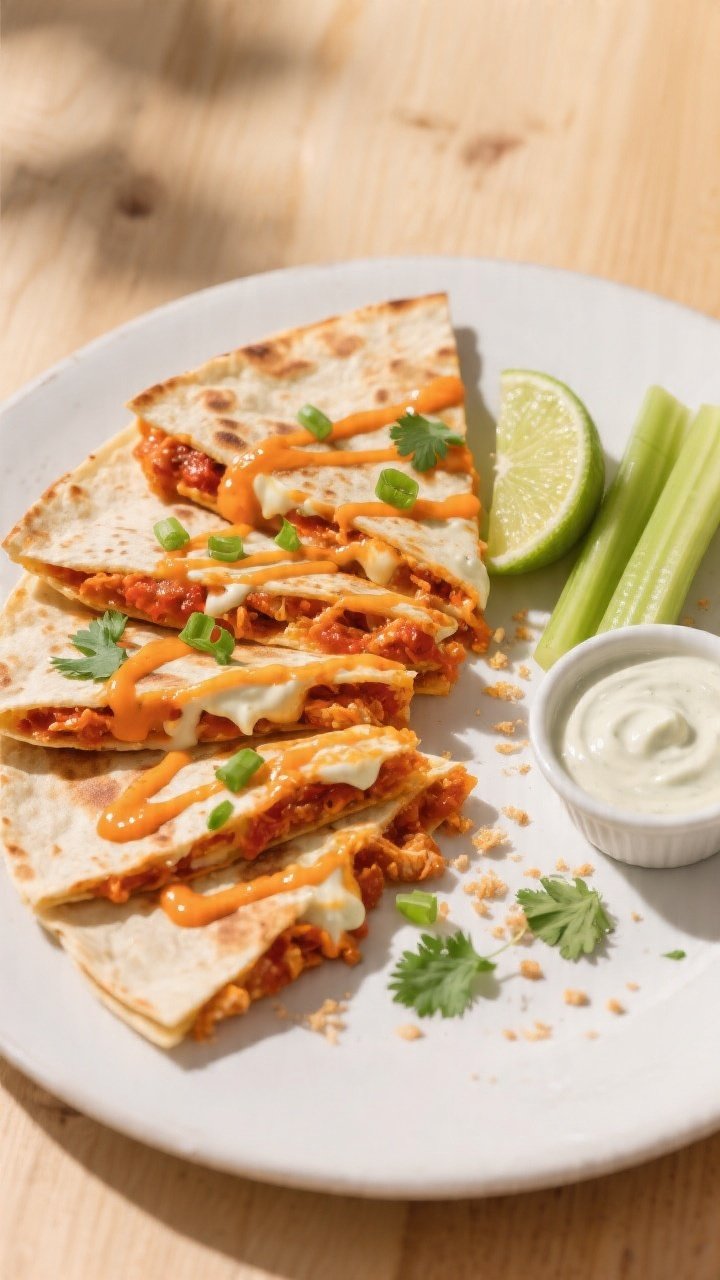 Final plated overhead: Sliced Buffalo Chicken Quesadilla wedges arranged in a fan on a matte white p