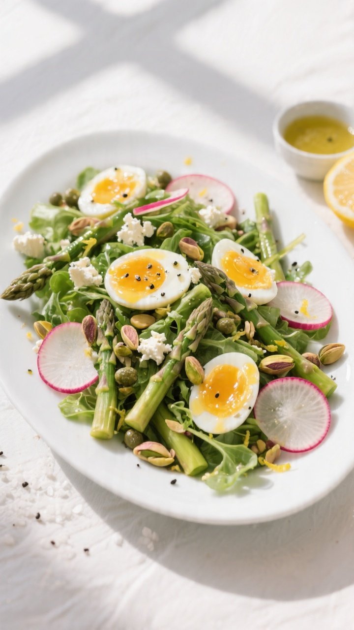 Final plated overhead: Spring Brunch Salad fully assembled on a wide white platter—mixed greens as