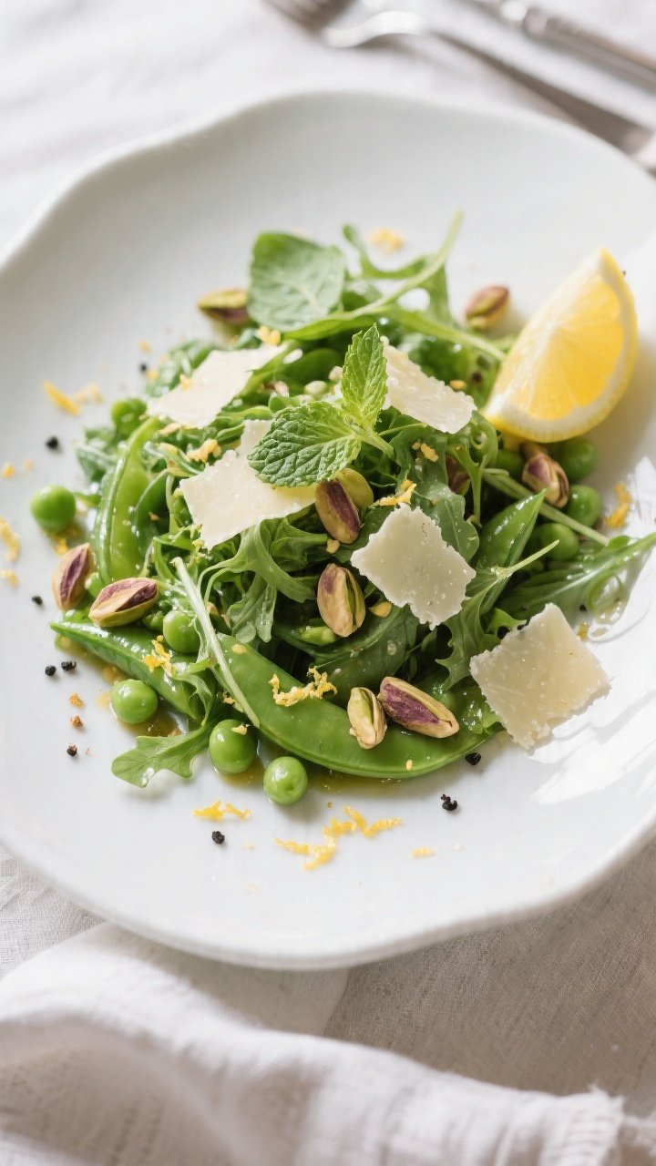 Final plated overhead: Spring Pea & Arugula Salad with Lemon Vinaigrette arranged on a wide, white s