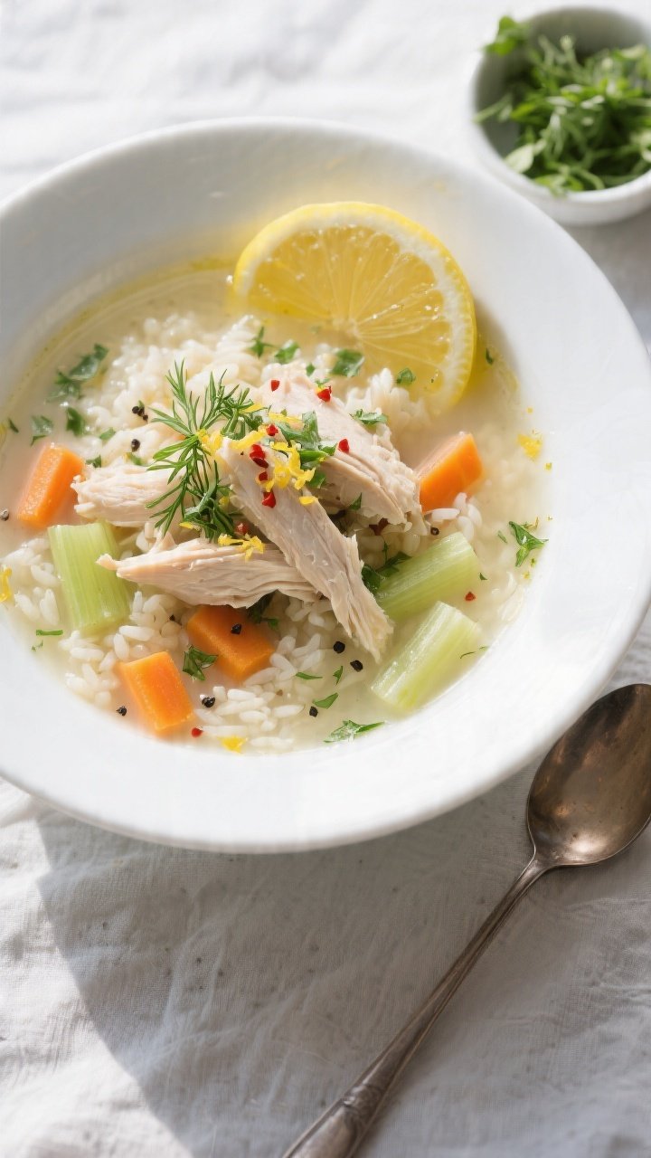 Final plated overhead: Tasty of a wide white bowl filled with Easy Greek Lemon Chicken Soup, showcas