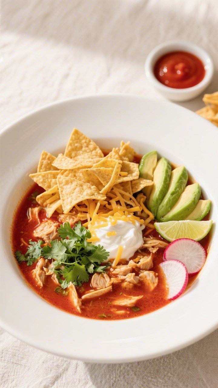 Final plated overhead: Tasty of Chicken Tortilla Soup in a wide white bowl, garnished with a generou