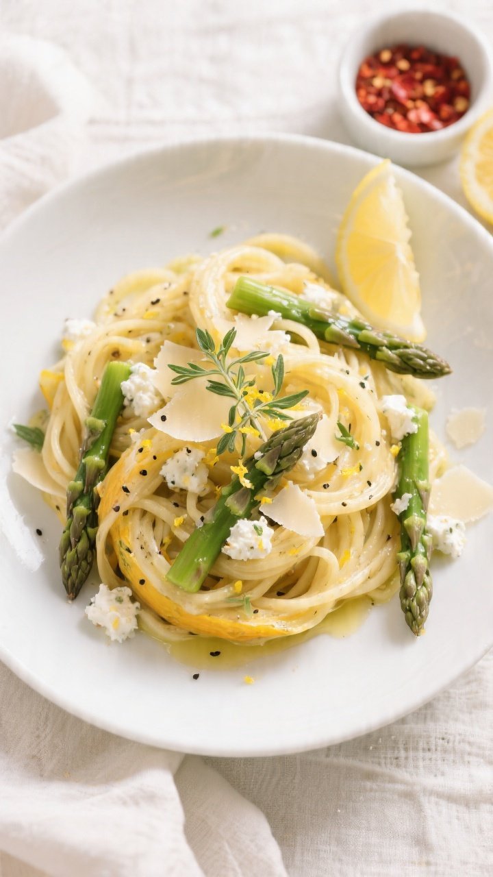 Final plated overhead: Tasty top-down shot of Spaghetti Squash with Ricotta, Asparagus & Thyme twirl
