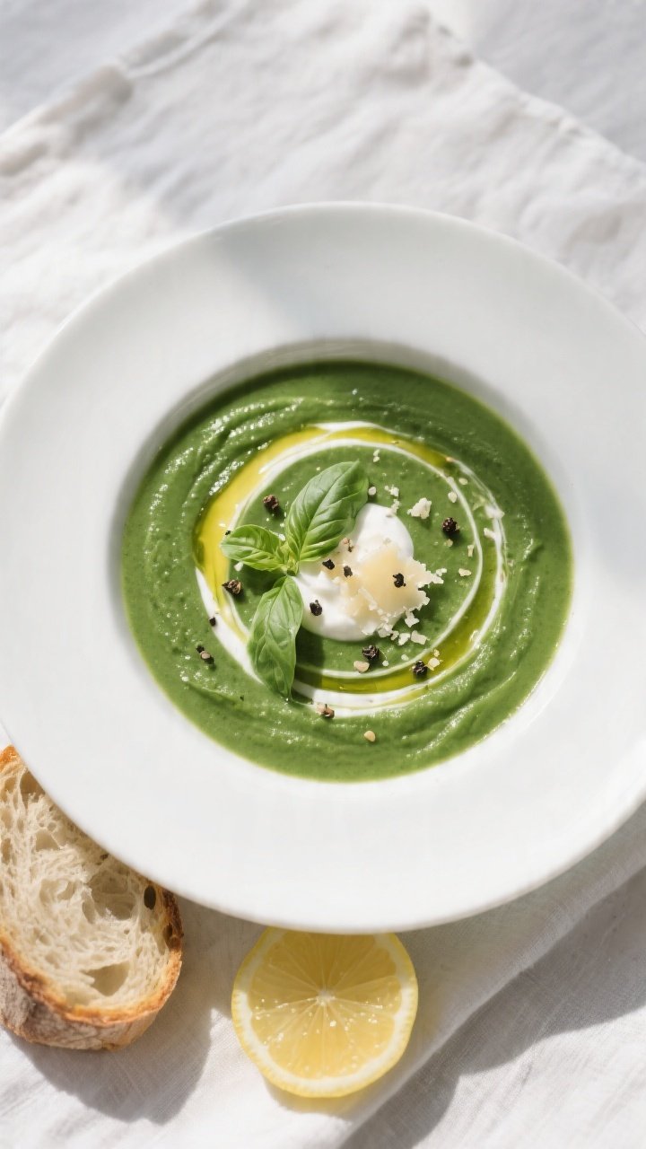 Final plated overhead: Tasty top-view of a bowl of spinach & basil soup, intensely green and ultra-s
