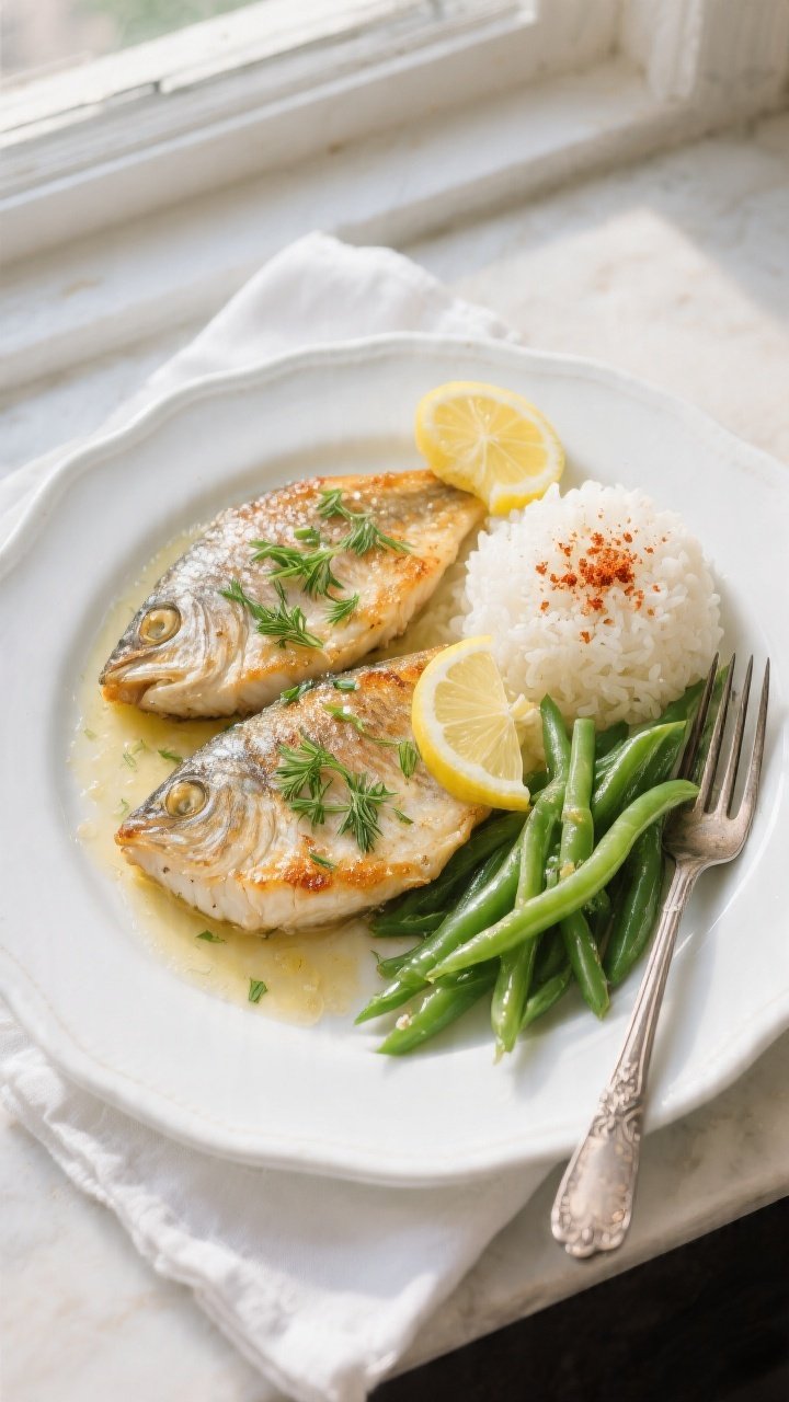 Final plated, overhead: Tasty top-view of two pan-fried tilapia fillets on a white rimmed plate, gli