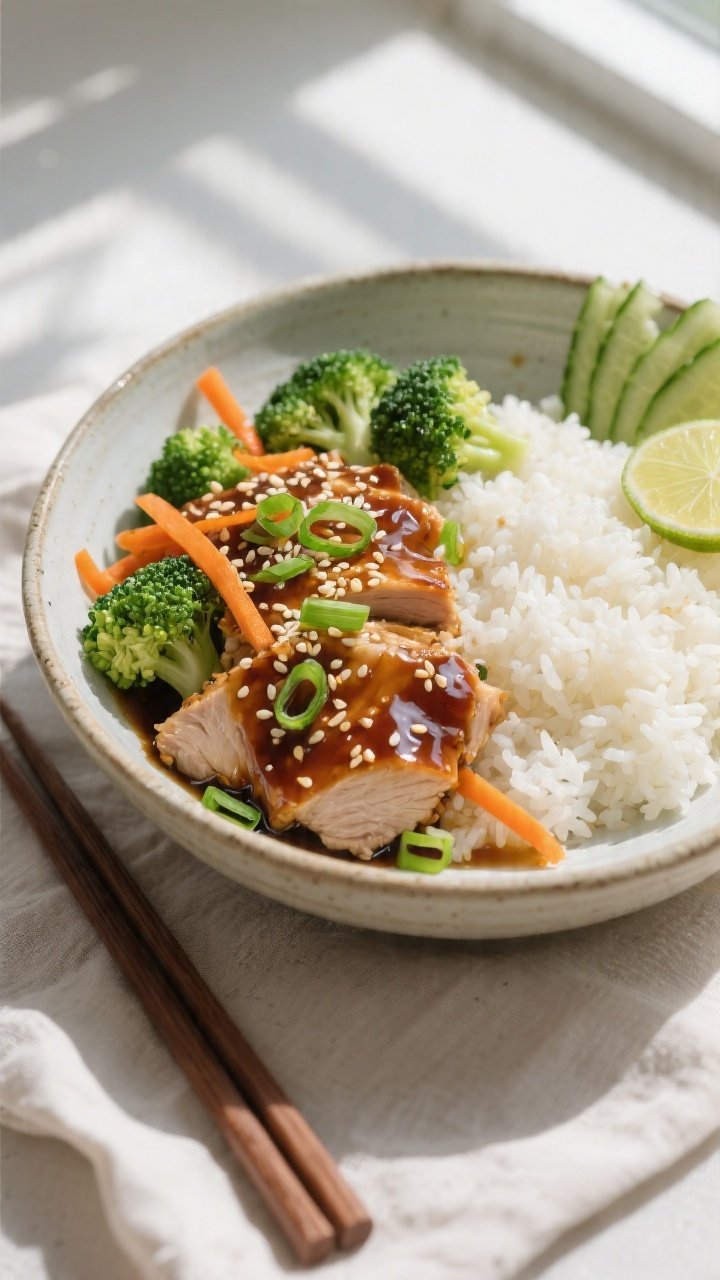 Final plated overhead: Teriyaki Turkey Rice Bowl assembled in a wide, shallow ceramic bowl—fluffy 