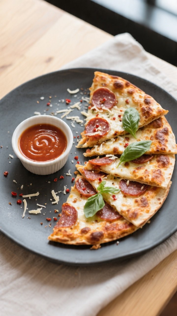 Final plated overhead: Top-down shot of sliced pizza quesadilla wedges arranged in a fan on a matte 