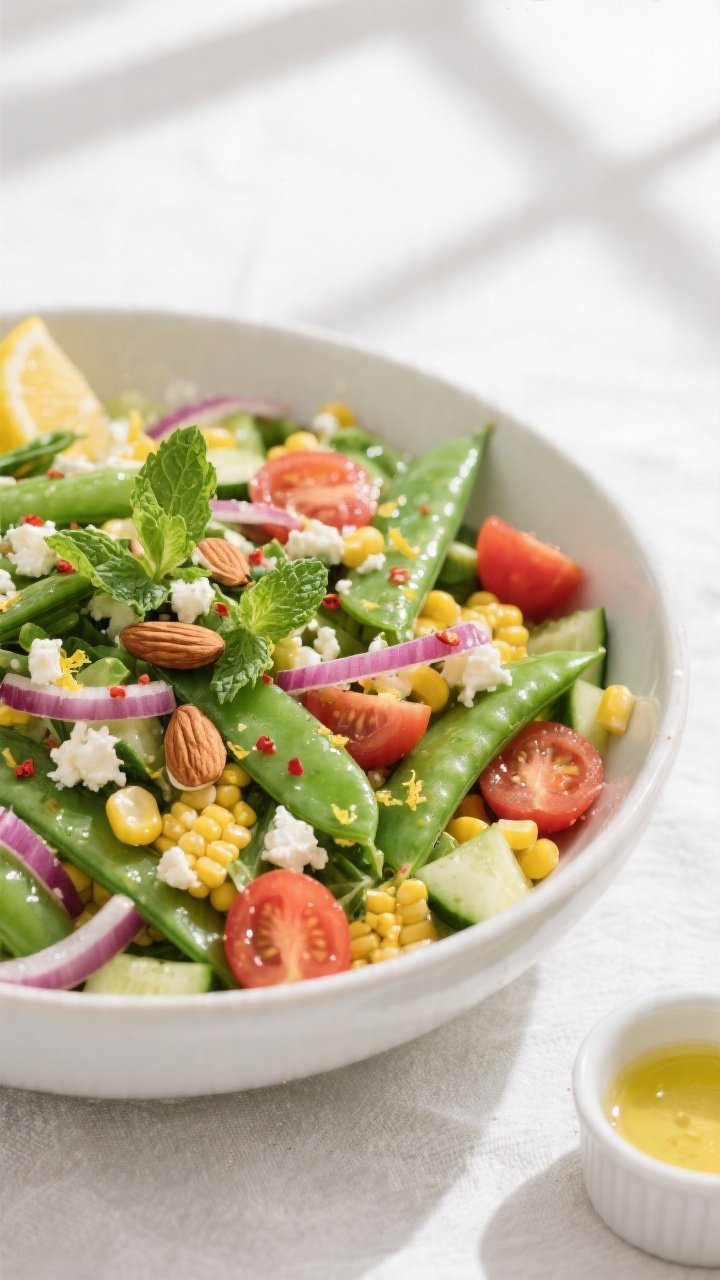 Final plated salad — overhead party-ready bowl: Overhead shot of Spring Snap Pea & Corn Salad full