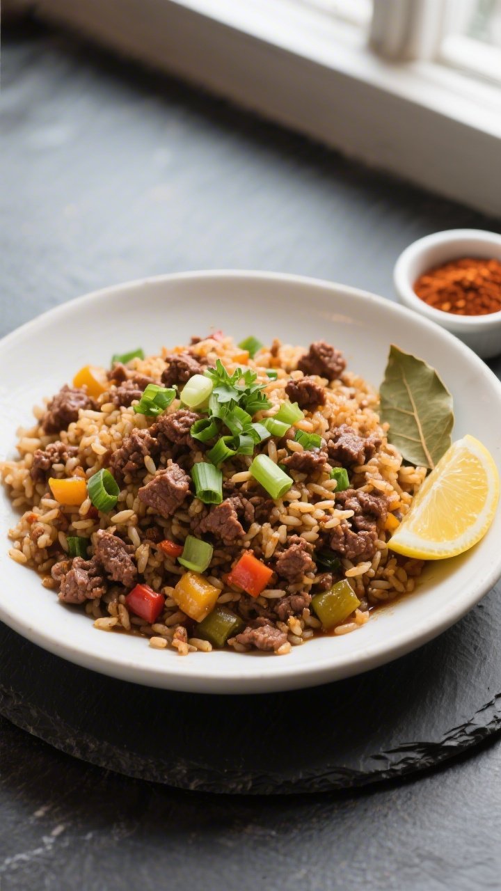 Final plated, tasty top view: Overhead shot of a heaping bowl of dirty rice with ground beef—fluff