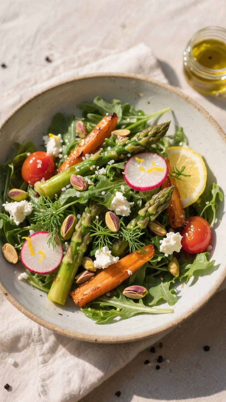 Final plated, tasty top view: Overhead shot of a warm spring arugula salad in a wide, shallow cerami