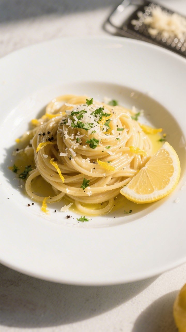 Final plated, tasty top view: Overhead shot of Lemon Butter Linguine twirled into a neat nest on a w