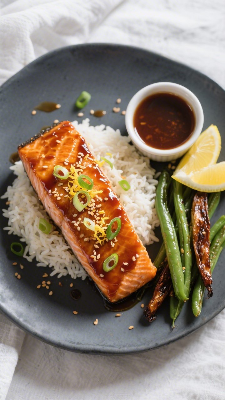 Final plated, tasty top view: Overhead shot of Maple Bourbon Glazed Salmon plated on a matte charcoa