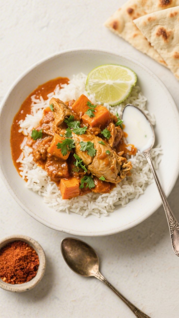 Final plated, tasty top view: Overhead shot of Slow Cooker Chicken and Sweet Potato Curry spooned ov