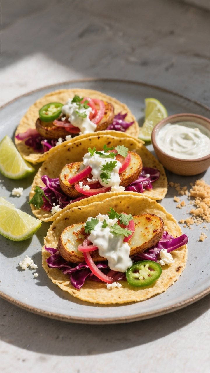 Final plated, tasty top view: Overhead shot of street-style smashed potato tacos on warm corn tortil