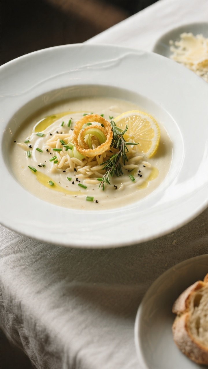 Final plated, top-down hero shot: Creamy Potato Leek Soup with Orzo served in a wide, shallow white 