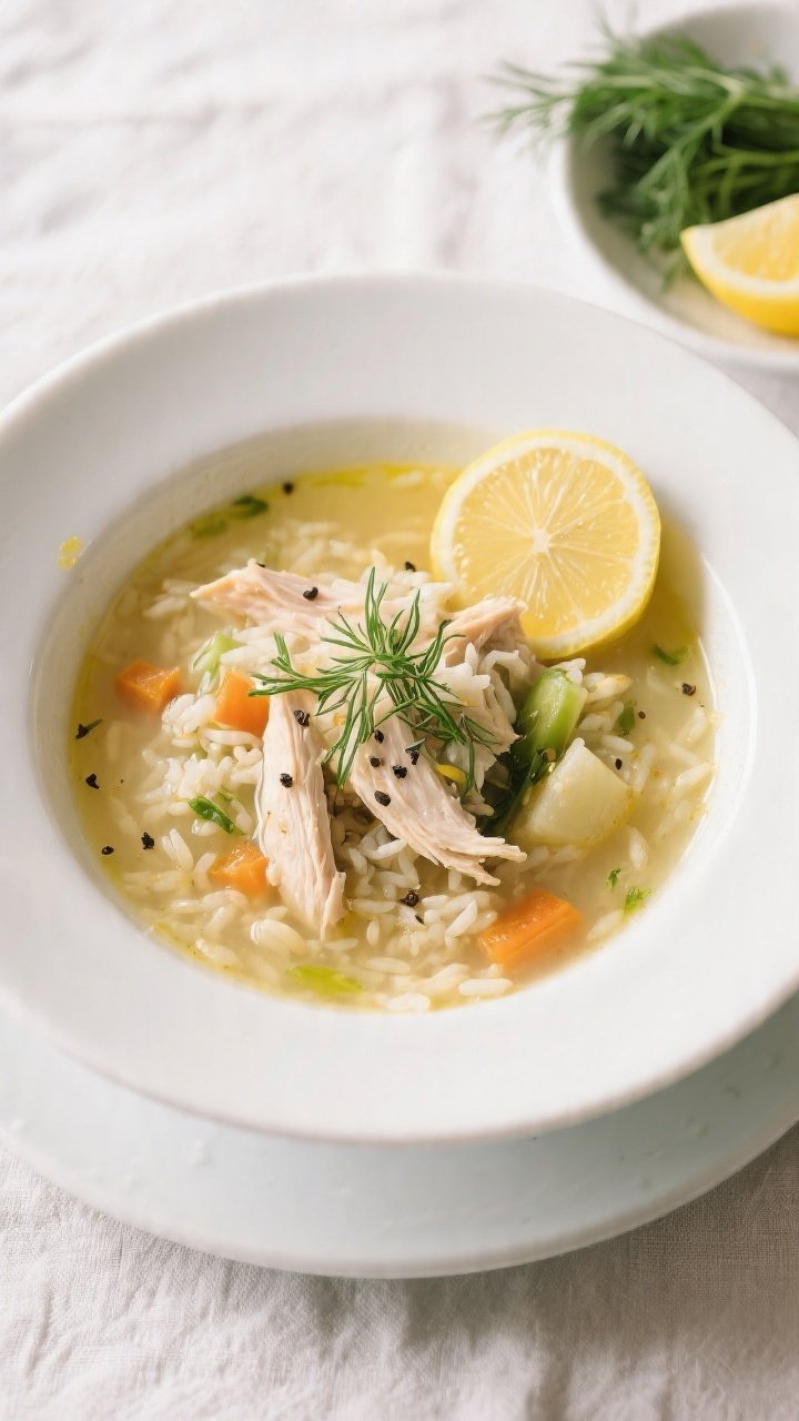 Final plated top-down: Overhead, restaurant-quality presentation of a warm bowl of Greek lemon chick