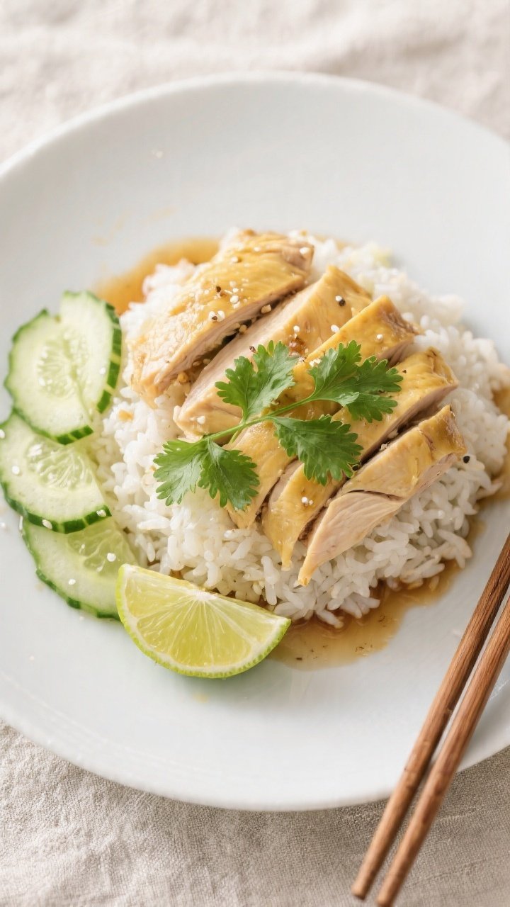 Final plated, top view: Overhead shot of sliced Thai Lemongrass Chicken fanned over fluffy steamed j