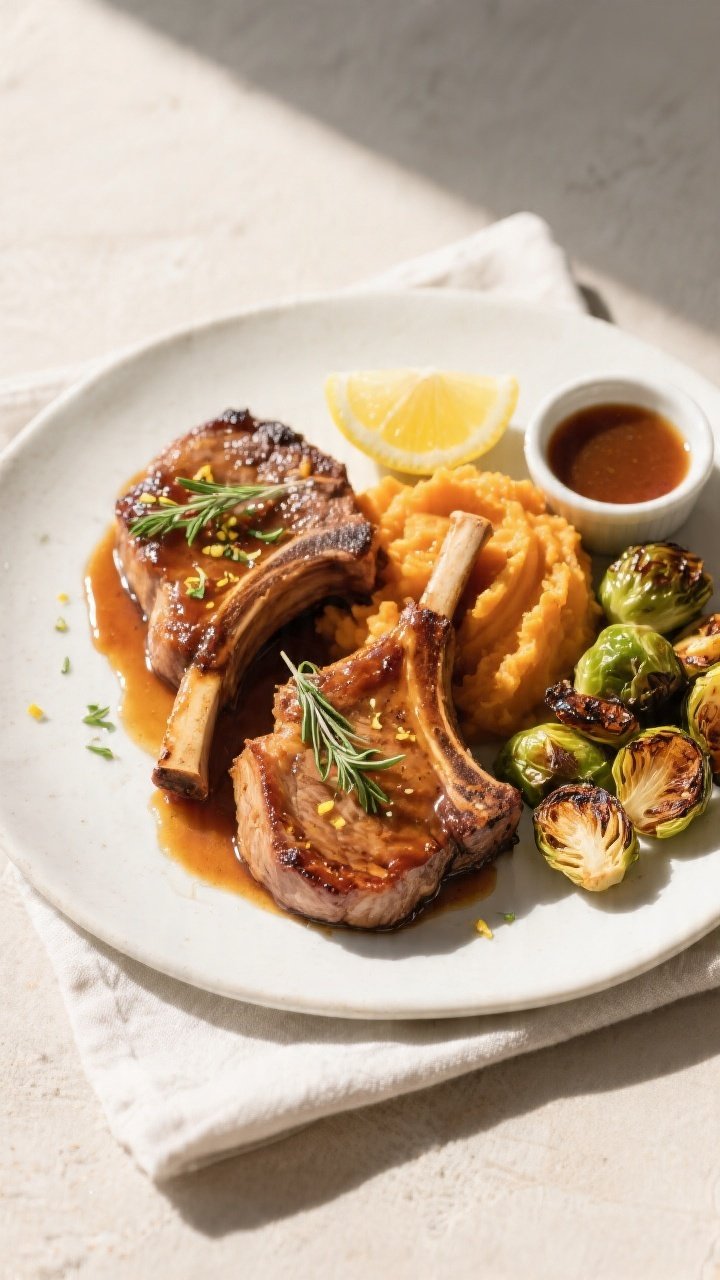 Final plated, top view: Overhead shot of two bone-in maple glazed pork chops plated on a matte white