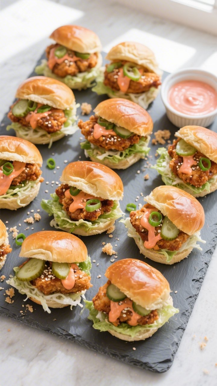 Final presentation overhead: An top-down shot of 12 assembled Bang Bang Chicken Sliders on a slate-g