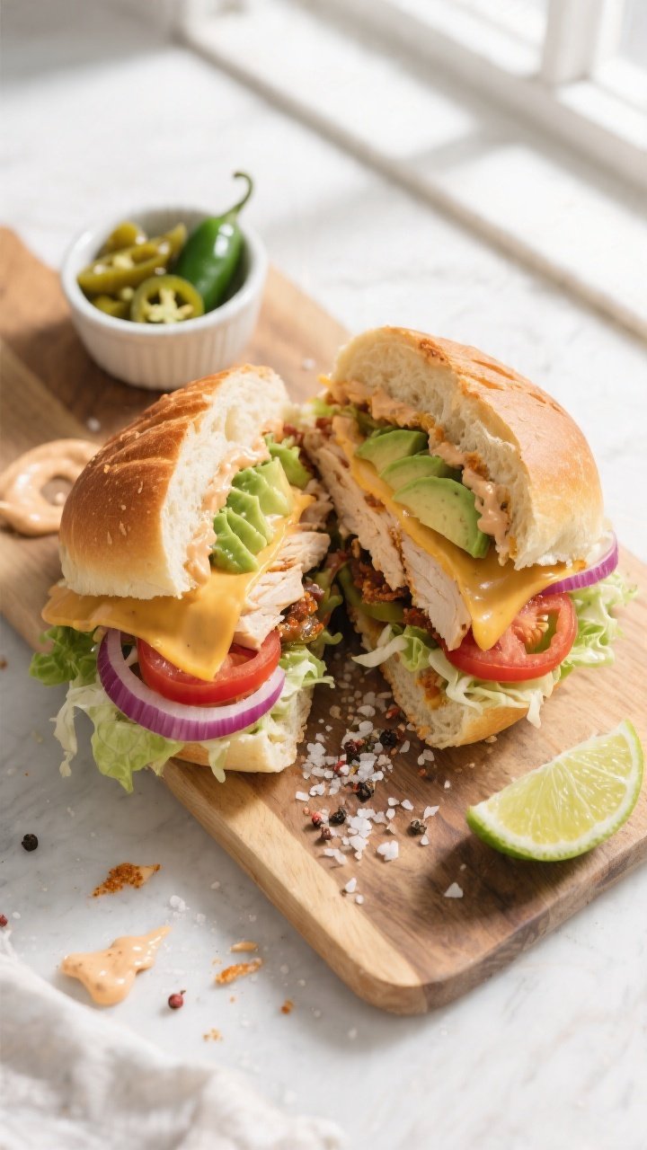 Final sandwich top-down: Overhead shot of a Chicken Torta Sandwich sliced in half and slightly pulle