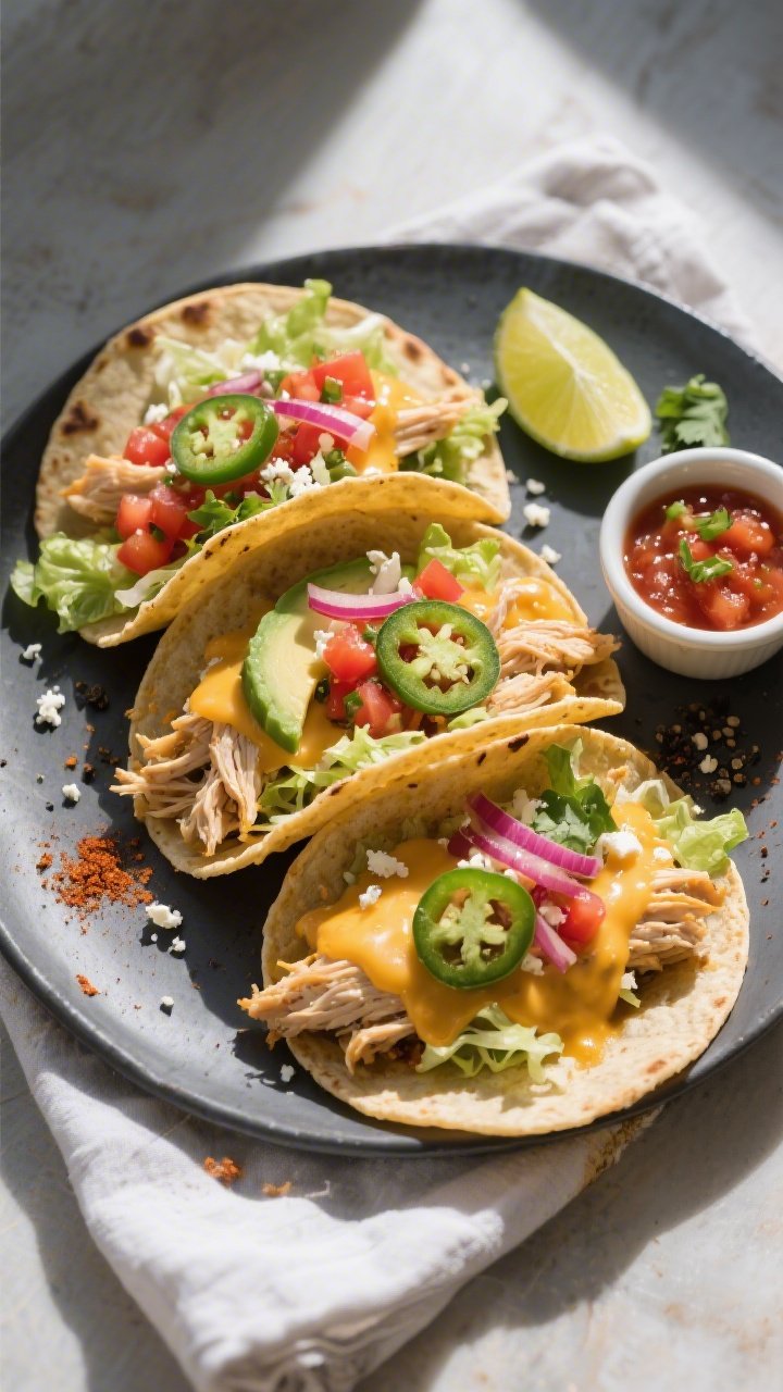 Final taco overhead: Tasty of three Slow Cooker Queso Chicken Tacos on a matte charcoal platter—wa