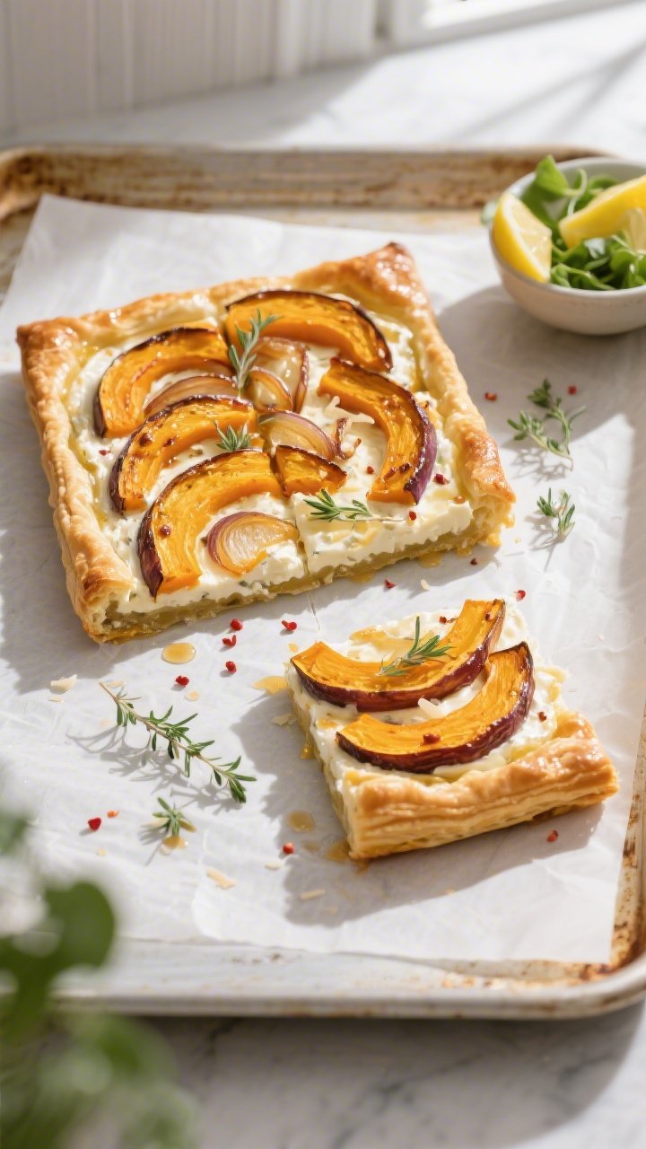 Final tart overhead: Caramelized Onion Butternut Squash Tart baked on puff pastry, top-down shot sho
