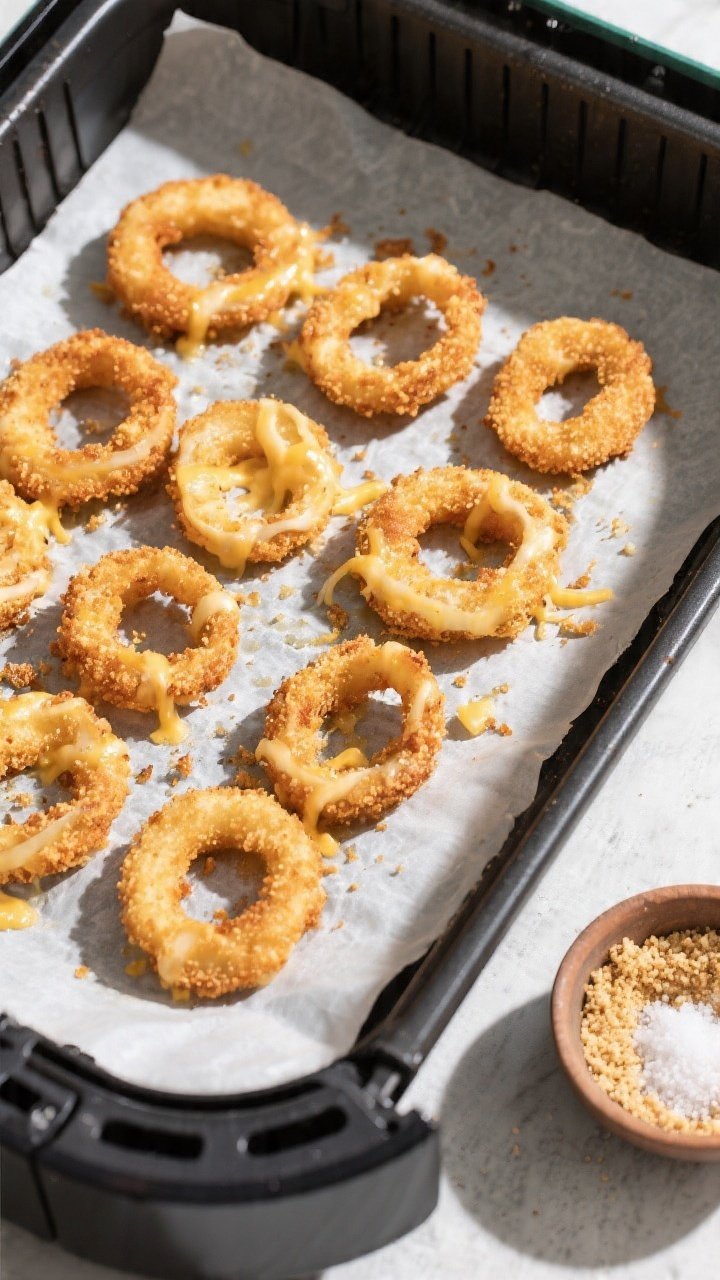 Overhead cooking process shot: Air fryer tray lined with parchment holding a single-layer batch of C