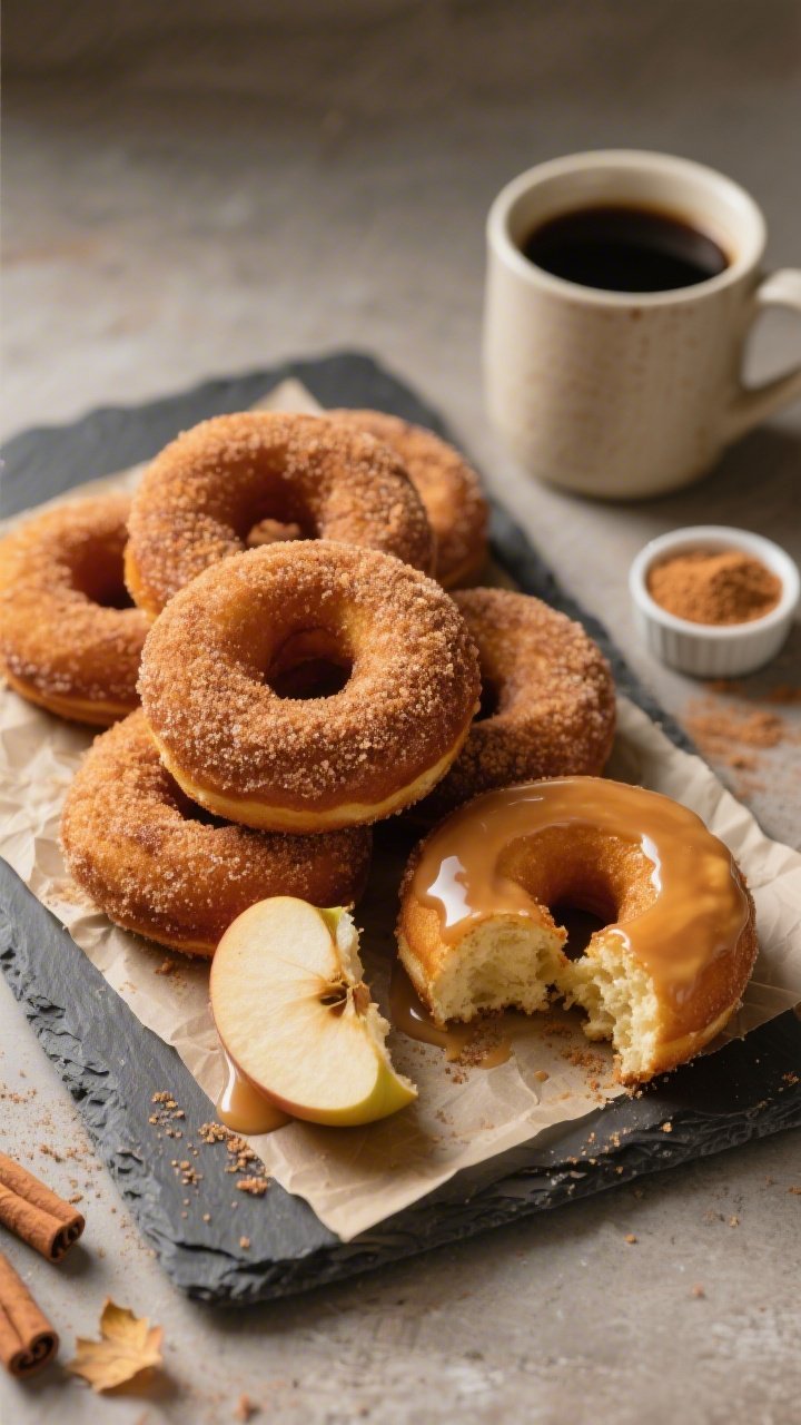Overhead final presentation: A neat cluster of cinnamon-sugar coated brown butter apple cider donuts