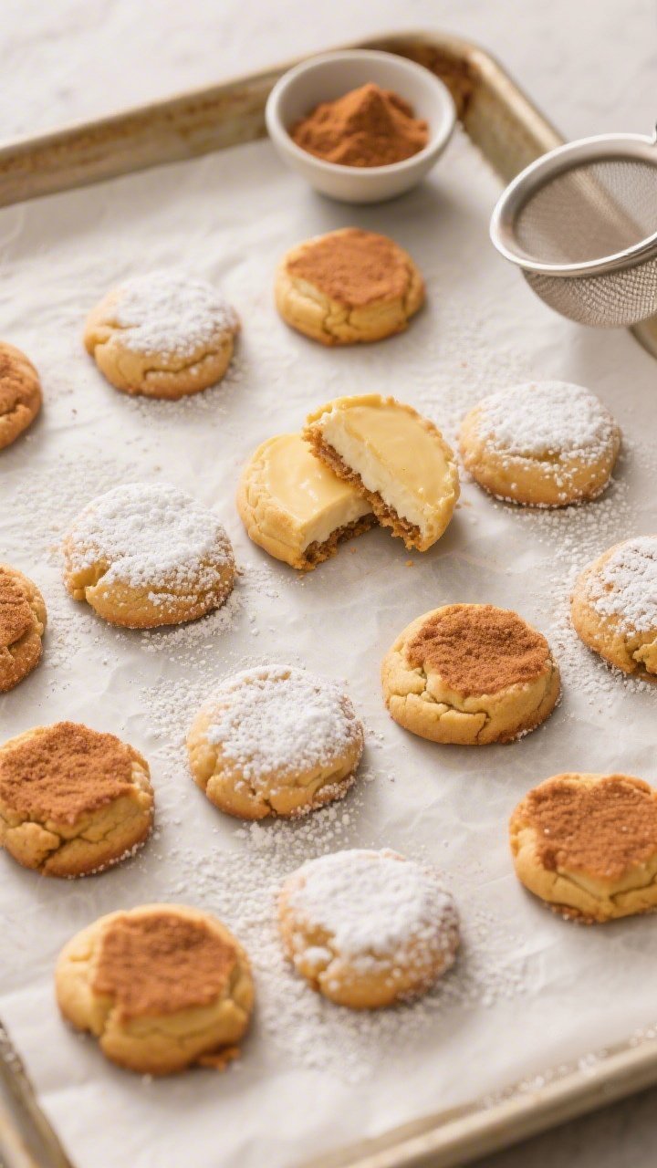 Overhead final presentation: A neat grid of pumpkin cheesecake cookies on a parchment-lined baking s