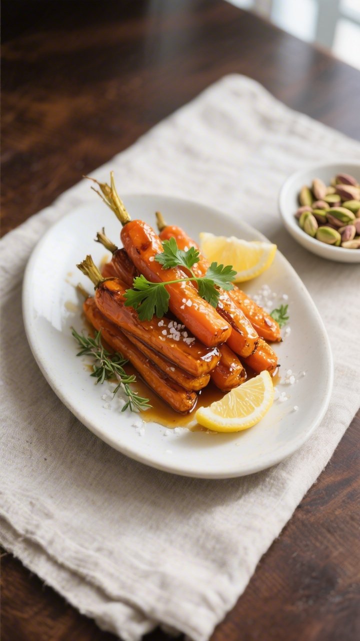 Overhead final presentation: Beautifully plated honey roasted carrots arranged in a tidy stack on a 