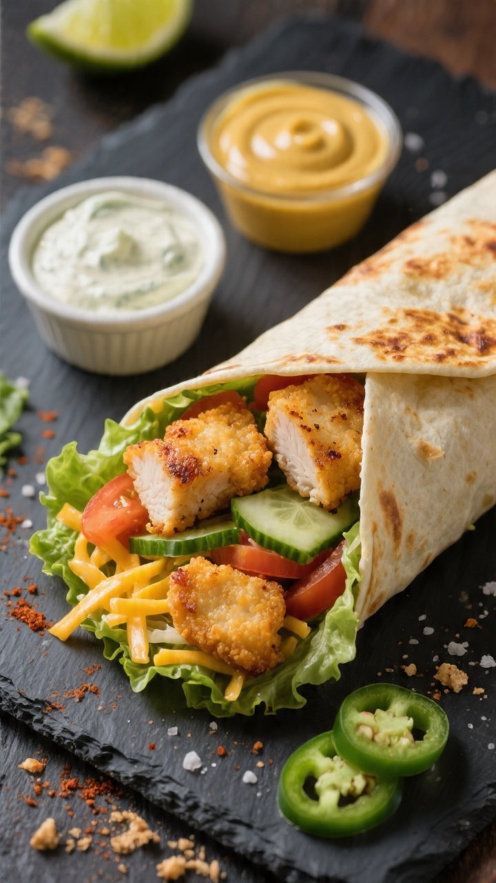 Overhead final presentation: Café-style seared chicken nugget wrap, seam-side crisped to a golden, 