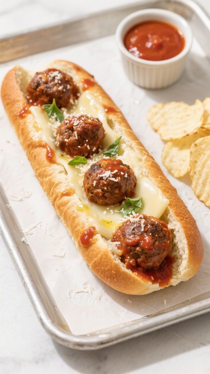Overhead final presentation of a Meatball Sub: toasted hoagie roll brushed with garlic butter, lined