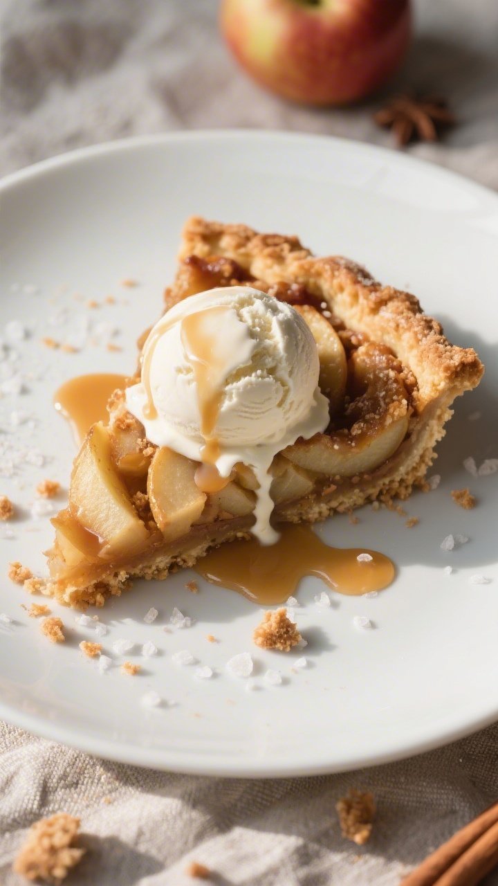 Overhead final presentation of a plated slice of Dutch apple pie topped with a melting scoop of vani