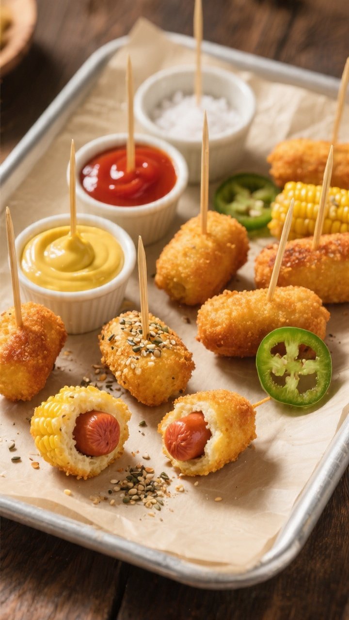 Overhead final presentation of bite-size corn dog bites arranged on a matte parchment-lined platter 
