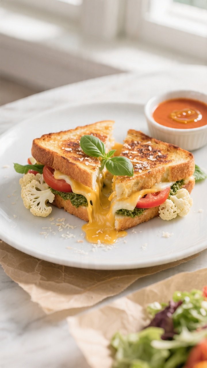 Overhead final presentation of Cauliflower Grilled Cheese cut on the bias with a dramatic cheese pul