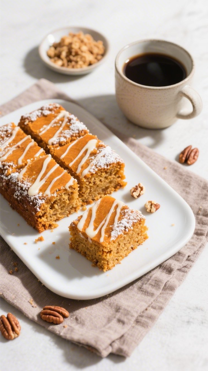 Overhead final presentation of pumpkin coffee cake squares neatly arranged on a matte white platter