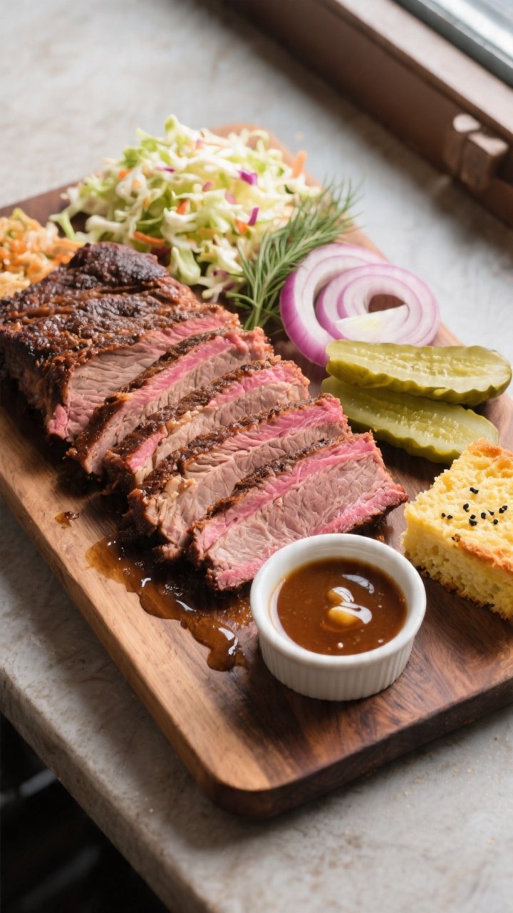 Overhead final presentation of sliced Texas-style oven brisket on a large wooden board: neatly fanne