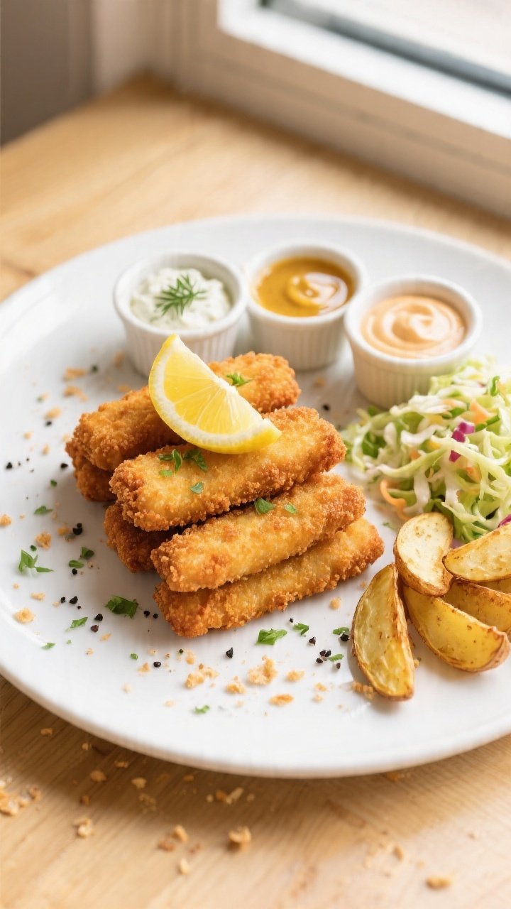 Overhead final presentation: restaurant-quality plate of crispy baked fish sticks arranged in a neat
