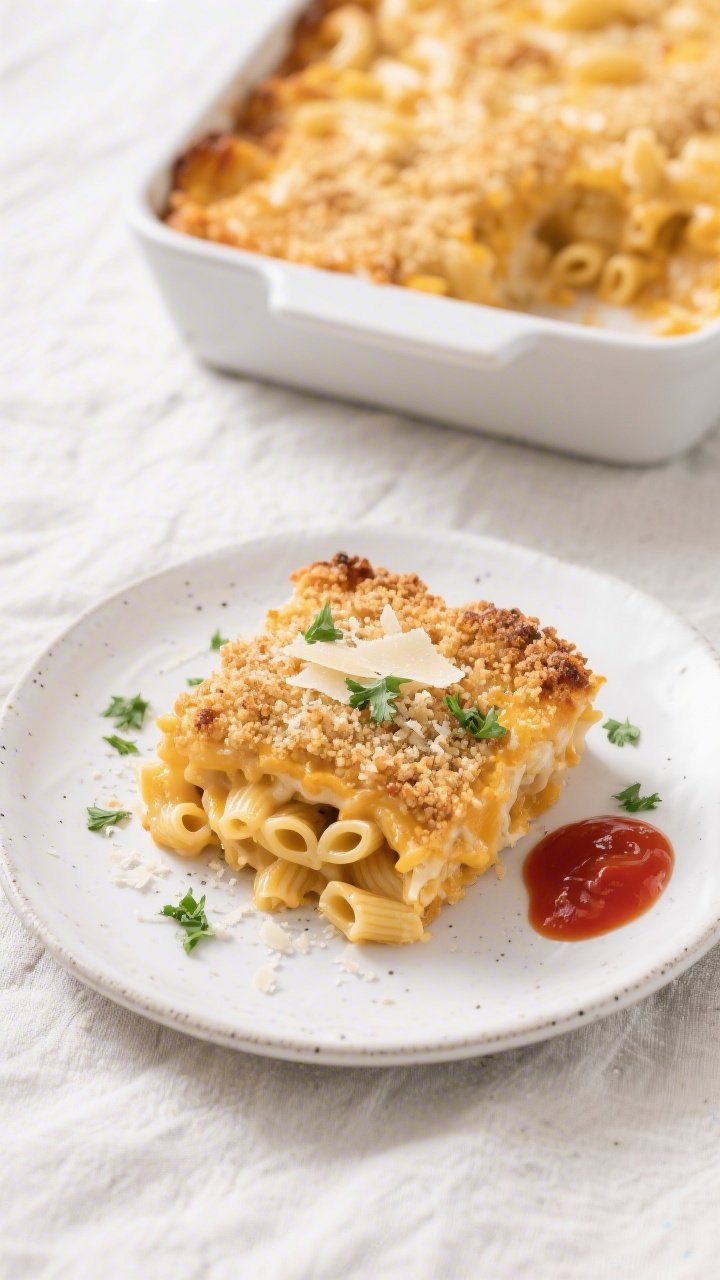 Overhead final presentation: Tasty of a neatly served portion of upgraded mac and cheese on a white 