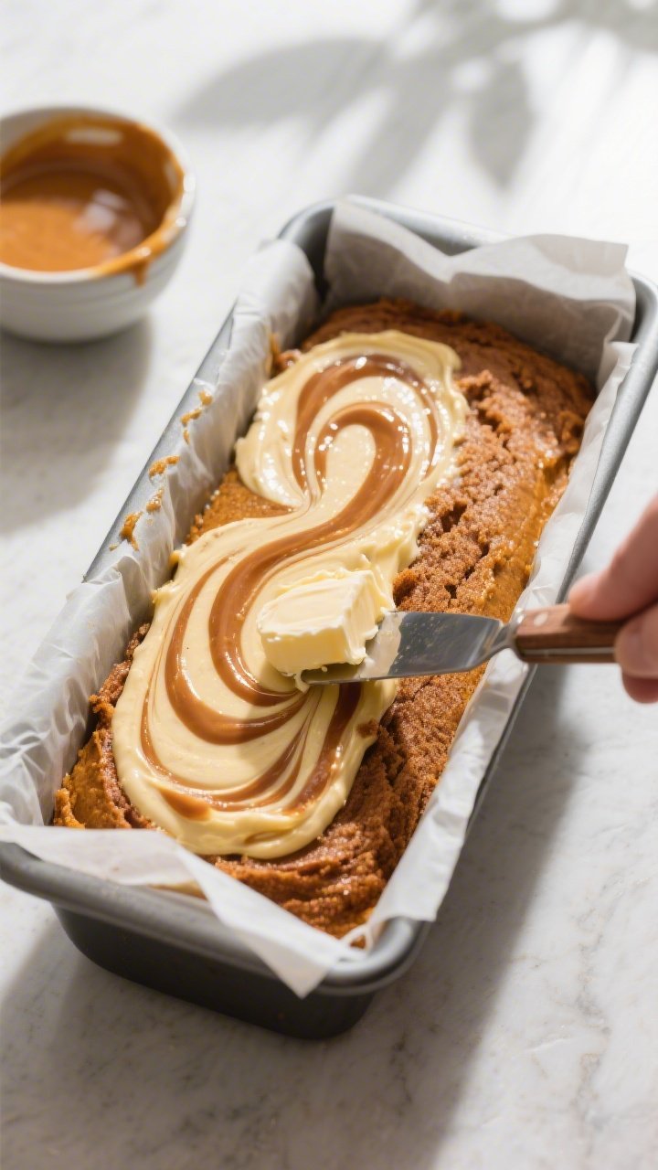 Overhead process shot of the loaf pan during the “layer and swirl” step: half the pumpkin batter