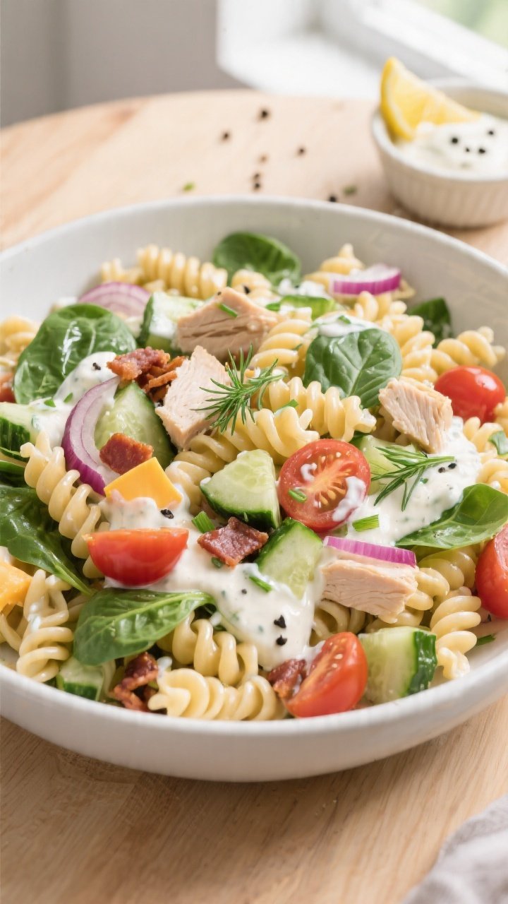Overhead shot of a chilled High-Protein Ranch Pasta Salad just before serving: rotini made from chic