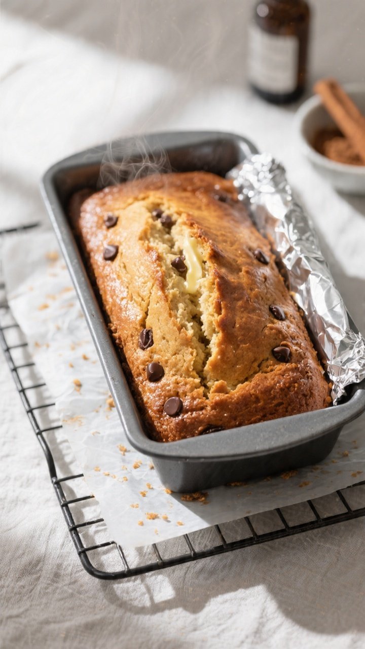 Overhead shot of a freshly baked banana bread loaf just out of the 9x5-inch pan, deep golden crack d