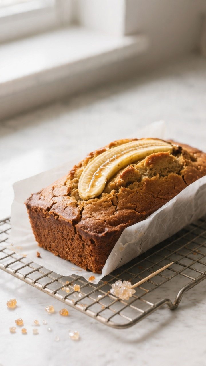 Overhead shot of a freshly baked banana bread loaf cooling on a wire rack with a parchment sling, go