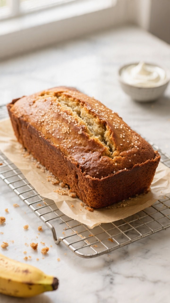 Overhead shot of a freshly baked banana bread loaf just out of the pan, resting on a wire rack with 