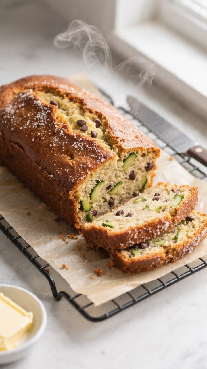 Overhead shot of a freshly baked banana zucchini bread loaf cooling on a wire rack, parchment sling 