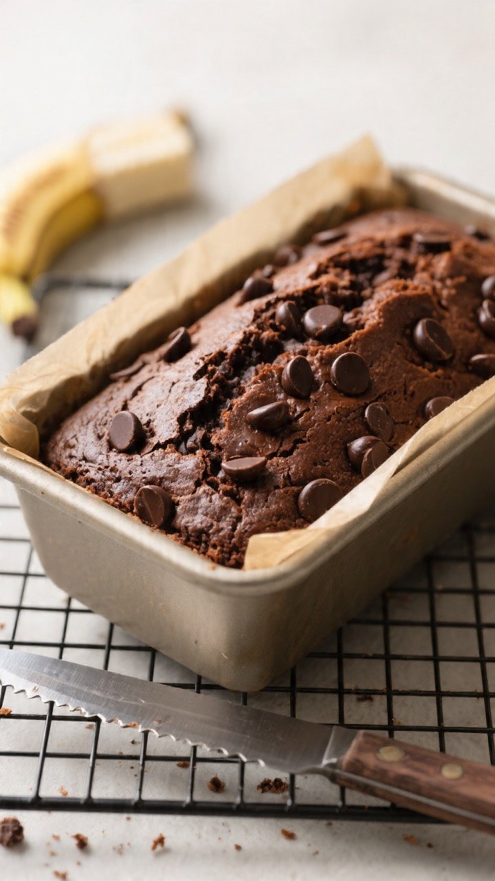 Overhead shot of a freshly baked chocolate banana bread loaf still in its parchment-lined 9x5-inch p