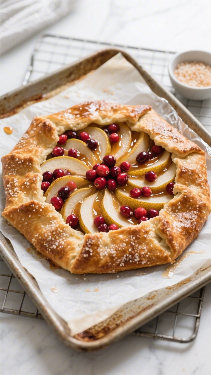 Overhead shot of a freshly baked Spiced Pear and Cranberry Galette on a parchment-lined baking sheet